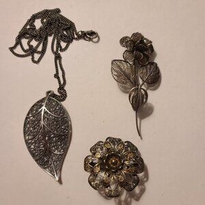 Vintage Silver Tone Filigree Pins And Necklace
